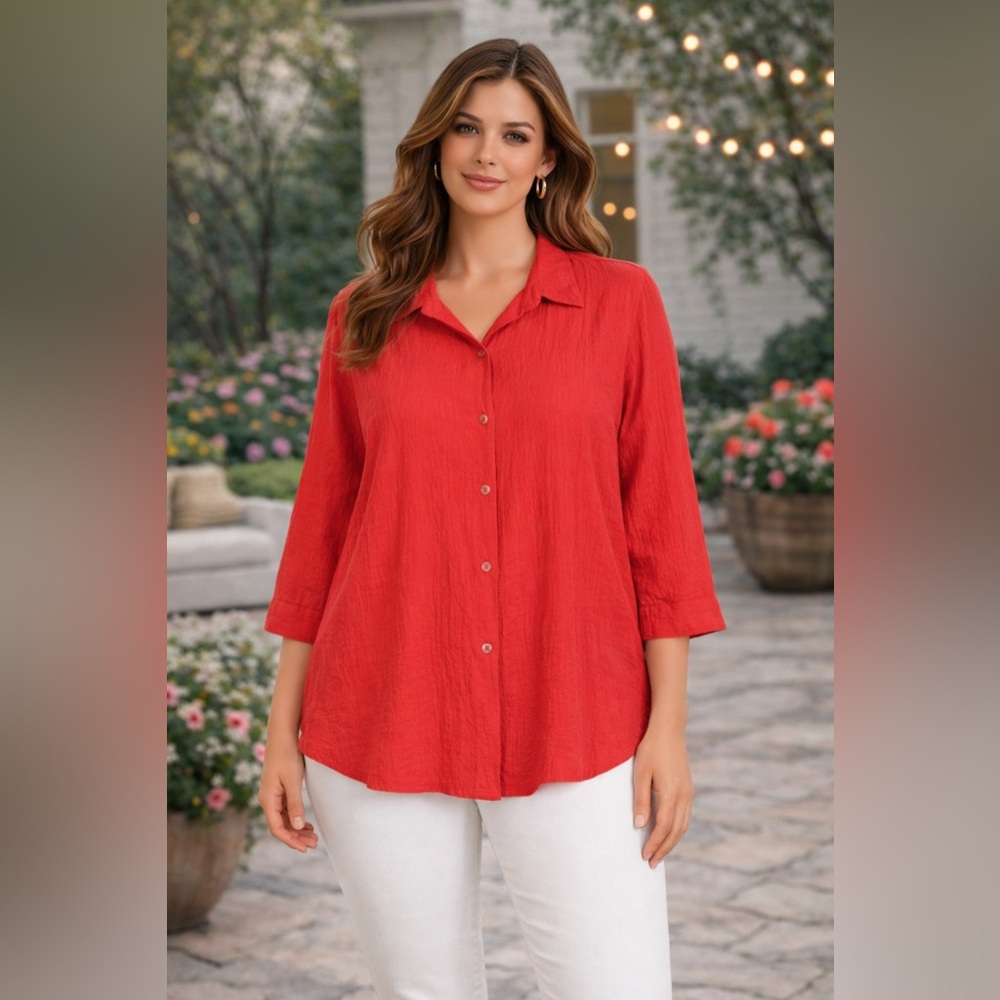 Red Button Down Textured Lightweight 3/4 Sleeve Shirt 22W/24W